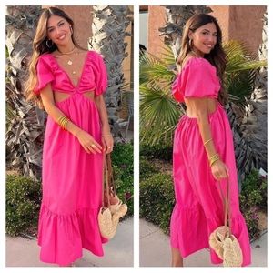 NWT Zara Poplin Cut-Out Puff-Sleeve Midi Dress Fuchsia S